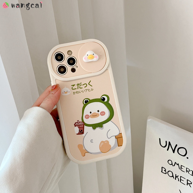 Ốp Điện Thoại Dẻo Họa Tiết Hoạt Hình Chú Vịt/ Trà Sữa Có Nắp Trượt Bảo Vệ Camera Cho iPhone 13 12 11 Pro Max XS Max XR X