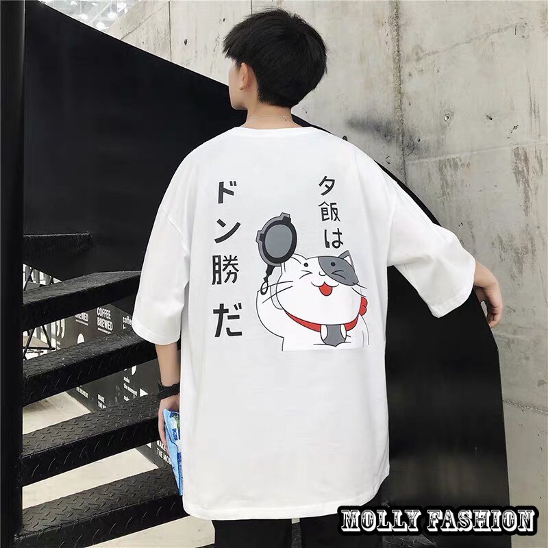 Áo thun tay lỡ Unisex MÈO CẦM CHẢO form rộng Freesize dành cho nam nữ Molly Fashion | BigBuy360 - bigbuy360.vn