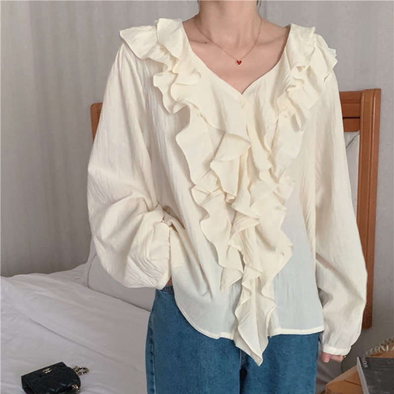 SUXI Áo Sơ Mi Tay Dài Cổ Chữ V Màu Trơn Thời Trang Hàn Quốc