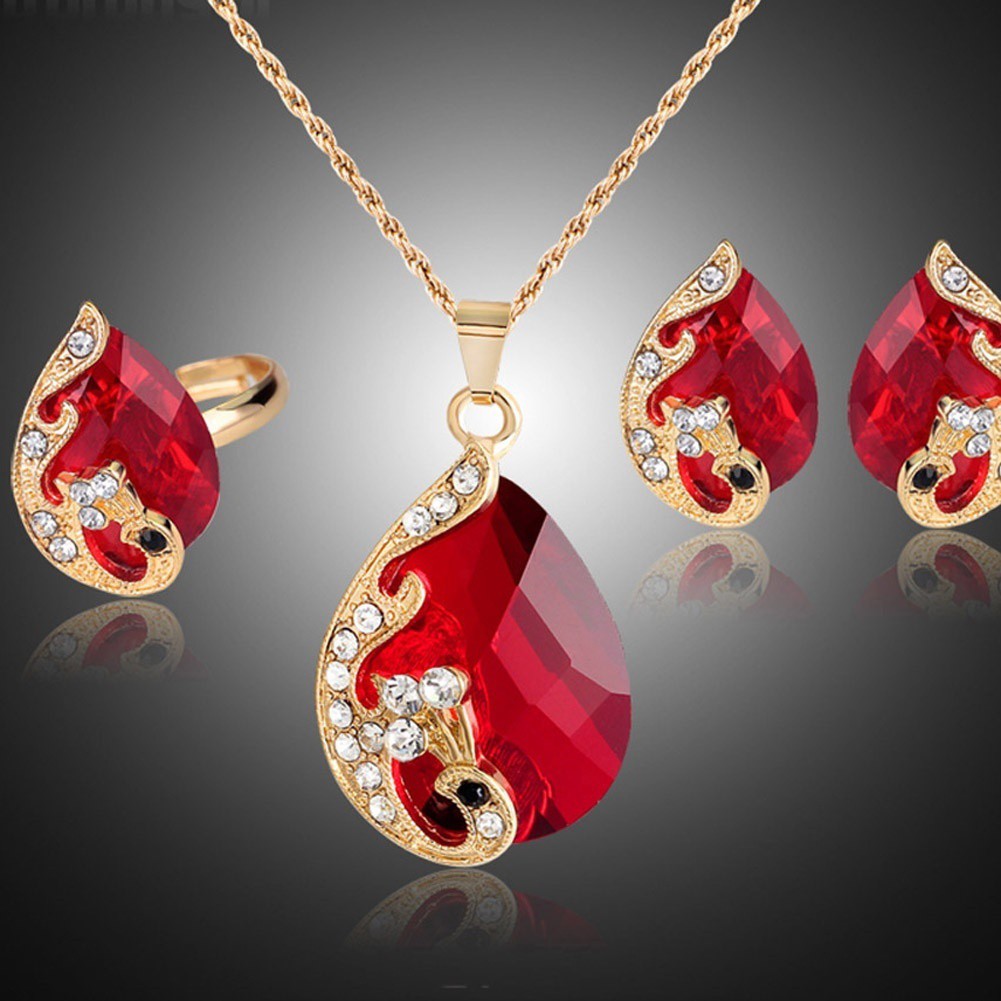 Set 1 đôi khuyên tai + 1 dây chuyền + 1 chiếc nhẫn đính đá cho nữ