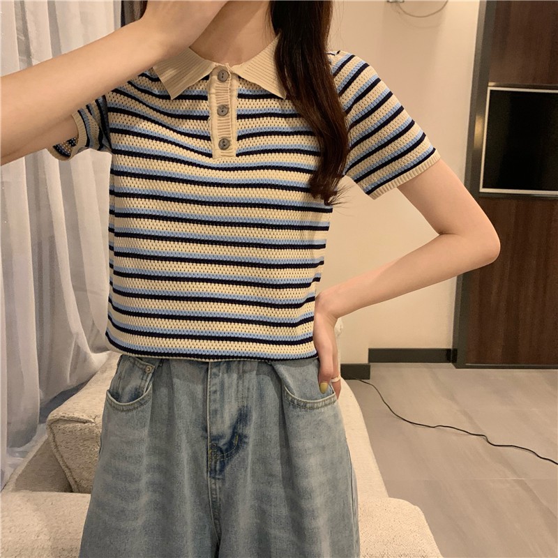 áo polo Tay Ngắn Họa Tiết Sọc Ngang Trẻ Trung Cho Nữ | BigBuy360 - bigbuy360.vn