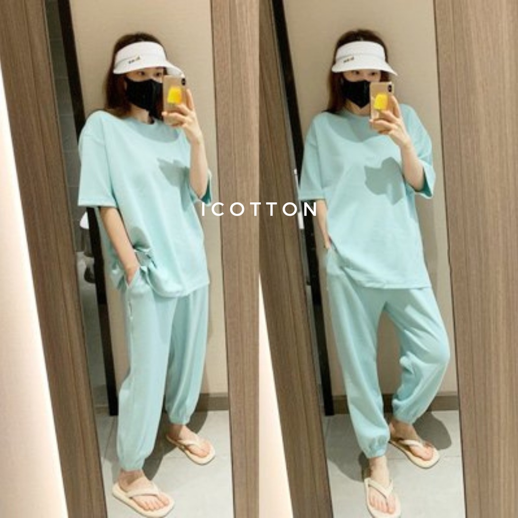 Bộ đồ mặc nhà ICOTON set áo cộc quần bo chun vải da cá 100% cotton cao cấp