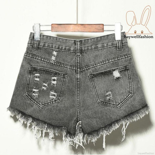 Quần Short Jean Rách Cạp Cao Cho Nữ
