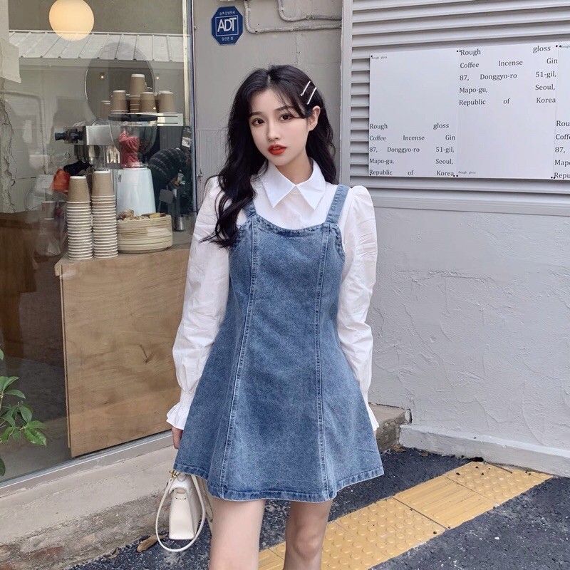 Váy jeans liền sơmi trắng ulzzang