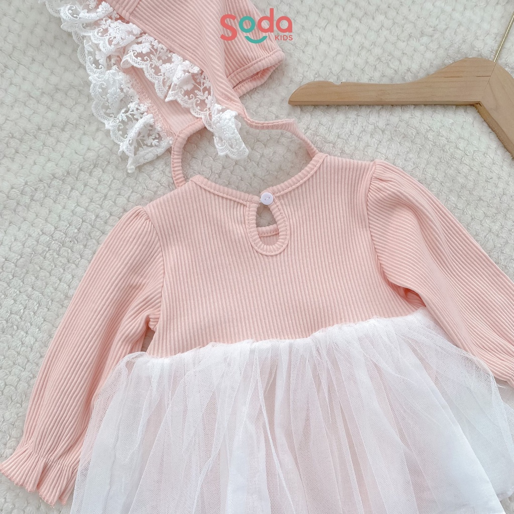 Bộ liền thân phối voan trắng hồng kèm mũ (Ảnh thật)