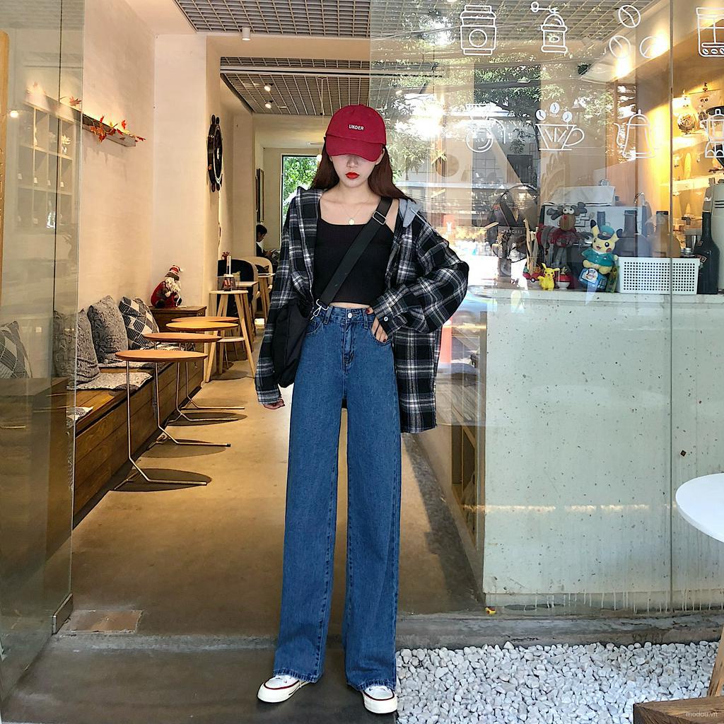 Quần jeans ống rộng eo cao thời trang sành điệu cho nữ N4X0