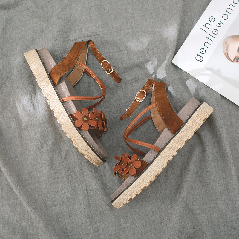 IELGY Giày xăng đan nữ mặt đính bông hoa thời trang retro xinh xắn