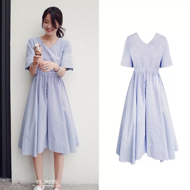 ORDER Váy xanh cổ V dáng dài