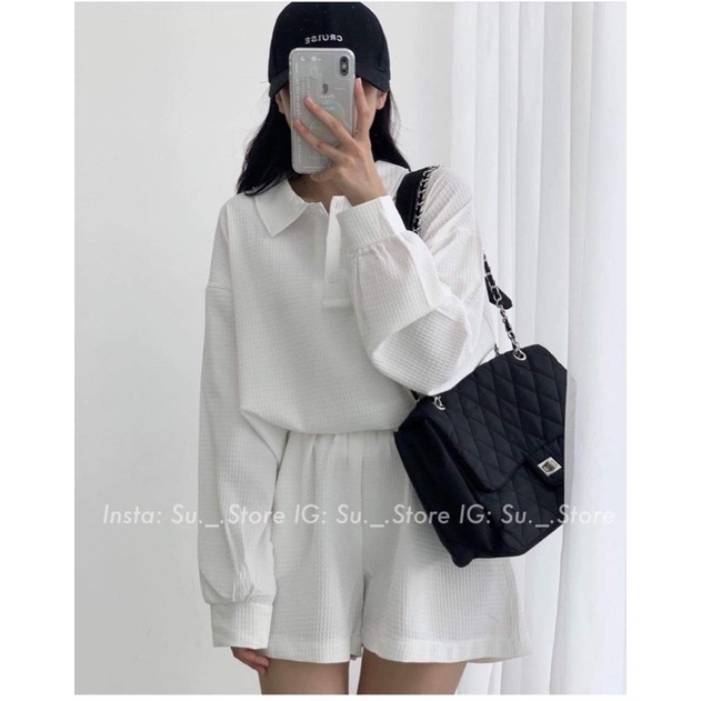 Set nỉ xốp áo cổ đức quần sooc đồng màu POLI