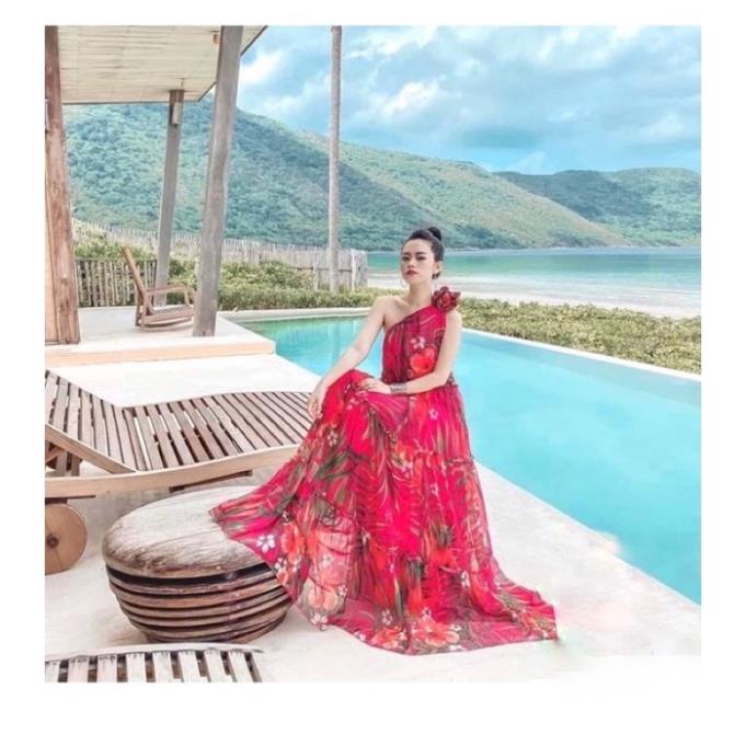 Vip Váy Maxi Lệch Vai, Đầm Maxi Cổ Yếm V9292, Chất Voan Mềm Mướt, Mầu Hồng, Xanh, Vàng, Cho Dáng Dài Miên Man.
