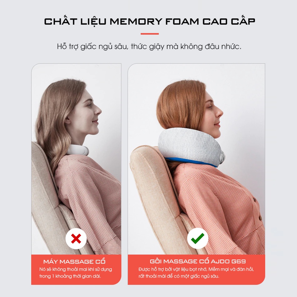Gối Massage Chữ U AjiDO AJ - G69 Đa Năng Tích Hợp Nhiệt Hồng Ngoại Giảm Đau Cổ Vai Gáy Cho Dân Văn Phòng, Du Lịch