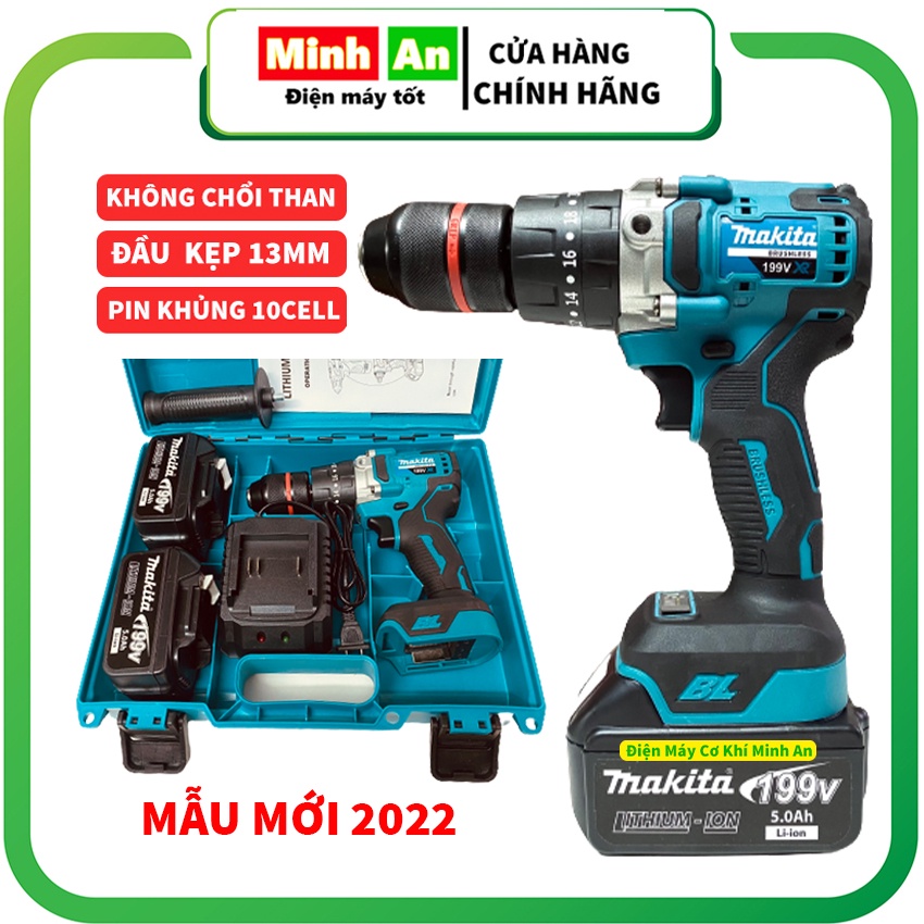 Máy khoan pin cầm tay, máy bắn vít không chổi than MAKITA 199V đầu 13mm pin khủng 10 cell siêu khỏe bảo hành 12 tháng