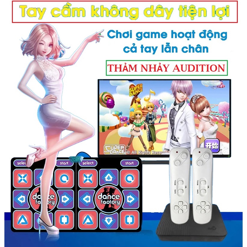 Tặng Bộ Đèn Quẩy Khi Nhảy AU Thảm nhảy Smart Tại Nhà, thảm chơi game sẵn 200 trò trí tuệ, cổng AV, kết nối không dây