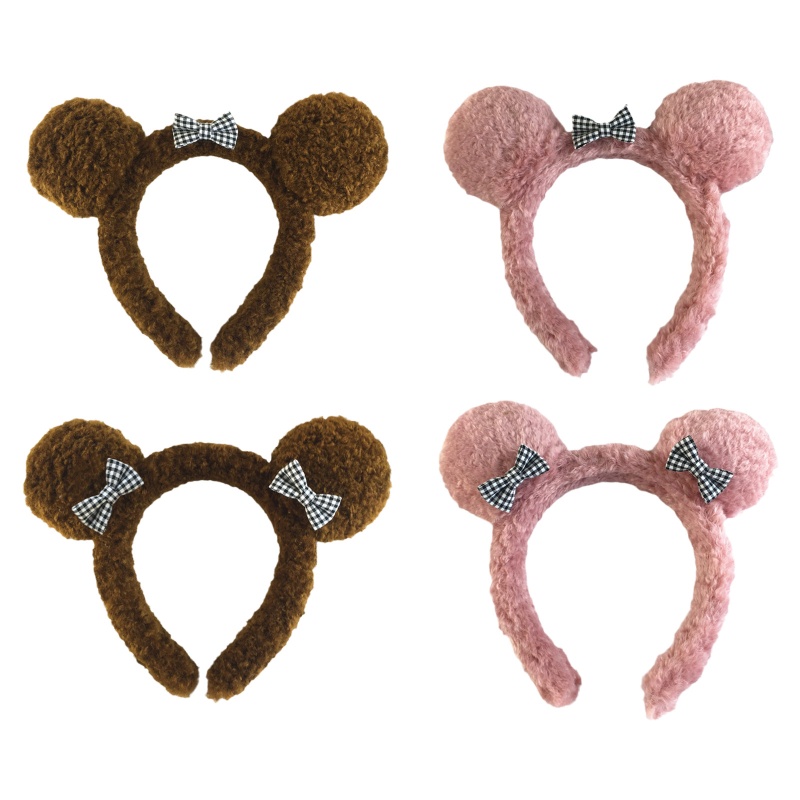 Băng Đô Cài Tóc Hình Tai Gấu Bông Họa Tiết Sọc Caro