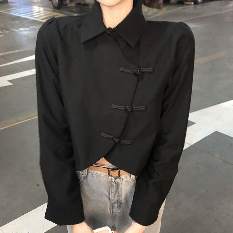 Áo Sơ Mi Ngắn Tay Dài Màu Đen Phối Nút Thời Trang Vintage Trung Hoa