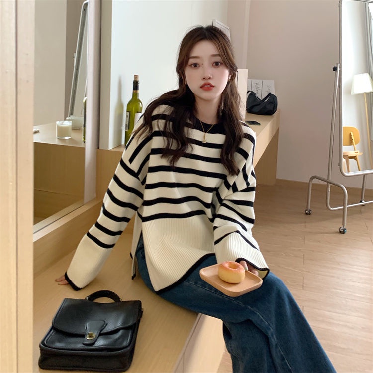Áo sweater dệt kim tay dài form rộng xẻ tà họa tiết kẻ sọc thời trang thu đông 6001