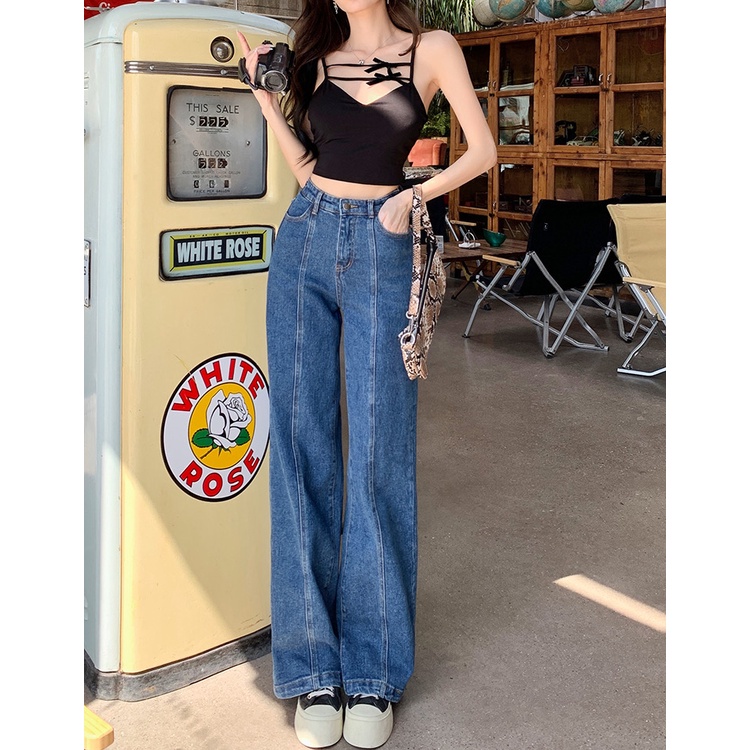 QKOOLE  Quần jeans Nữ Lưng Cao Ống Đứng Phong Cách Hàn Quốc