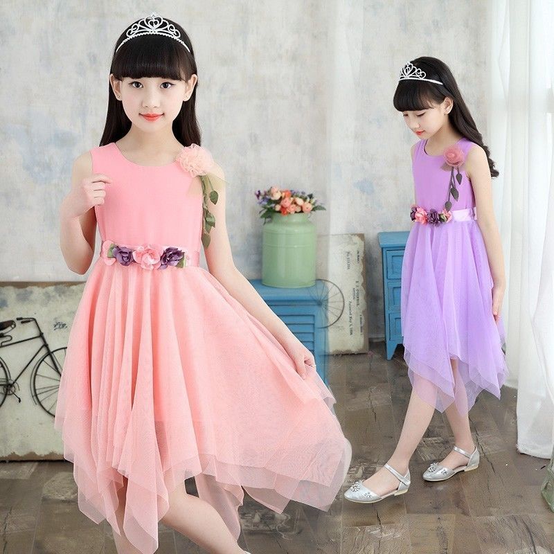 Đầm Voan Xòe Không Tay Lưng Cao Họa Tiết Hoa Xinh Xắn Dành Cho Bé Gái 5-15 Tuổi