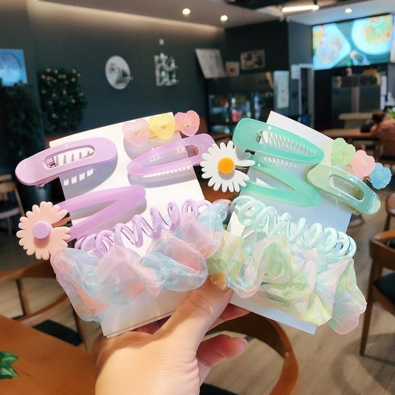 Set 6 Kẹp Tóc Kèm Dây Buộc Hoa Cúc Xinh Xắn Cho Bé