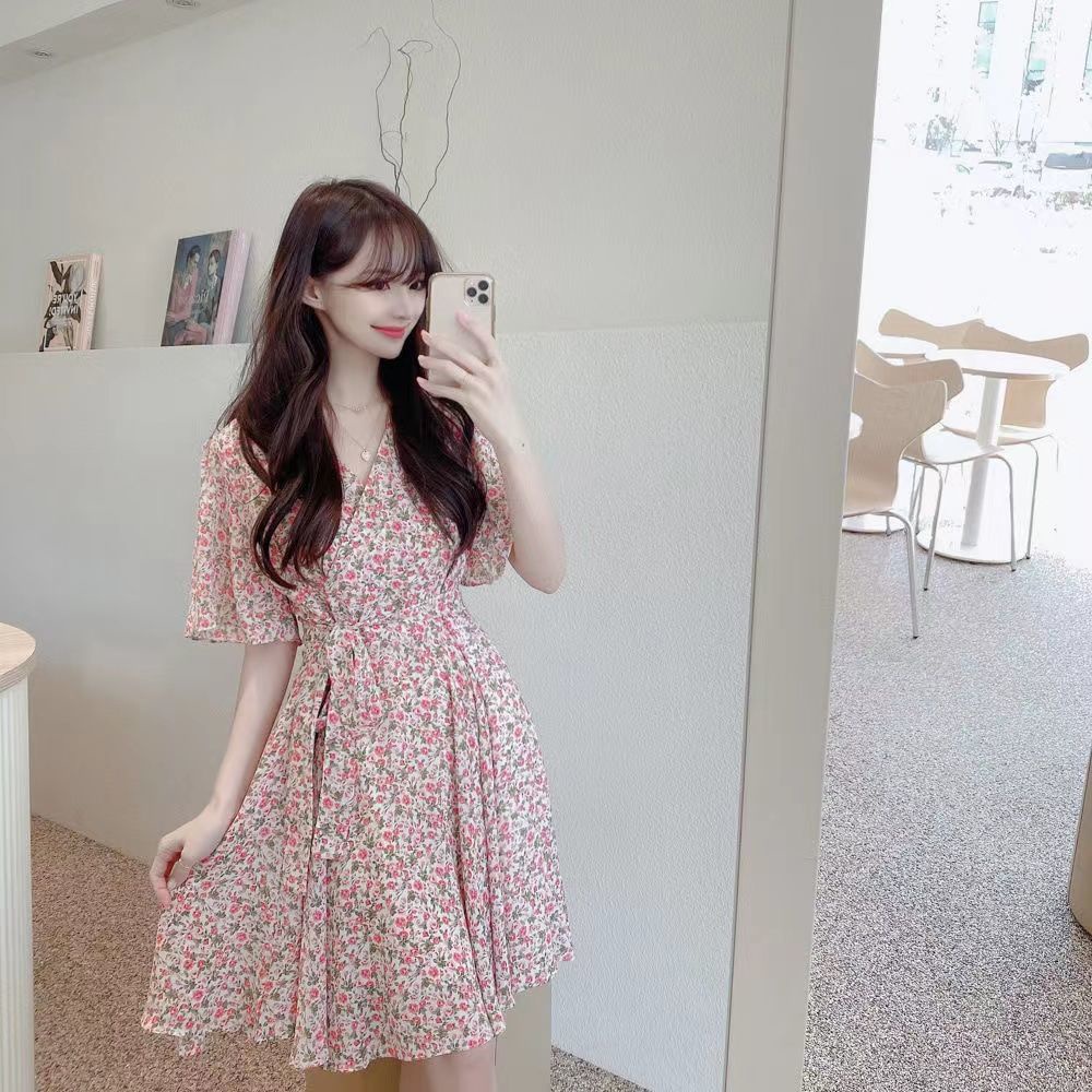 Đầm Ngắn Tay Chiết Eo In Họa Tiết Hoa Phong Cách Mùa Hè Kích Thước Lớn Hàng Mới Dành Cho Bạn Nữ