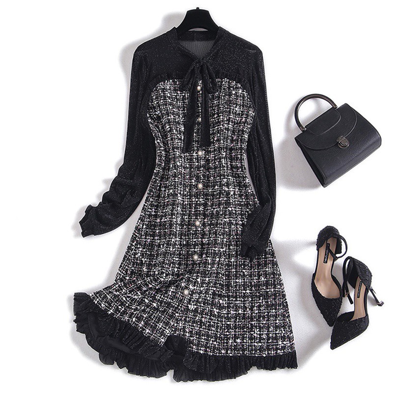 Váy/Đầm dạ tweed phối voan cổ nơ đính cúc giữa dáng chữ A