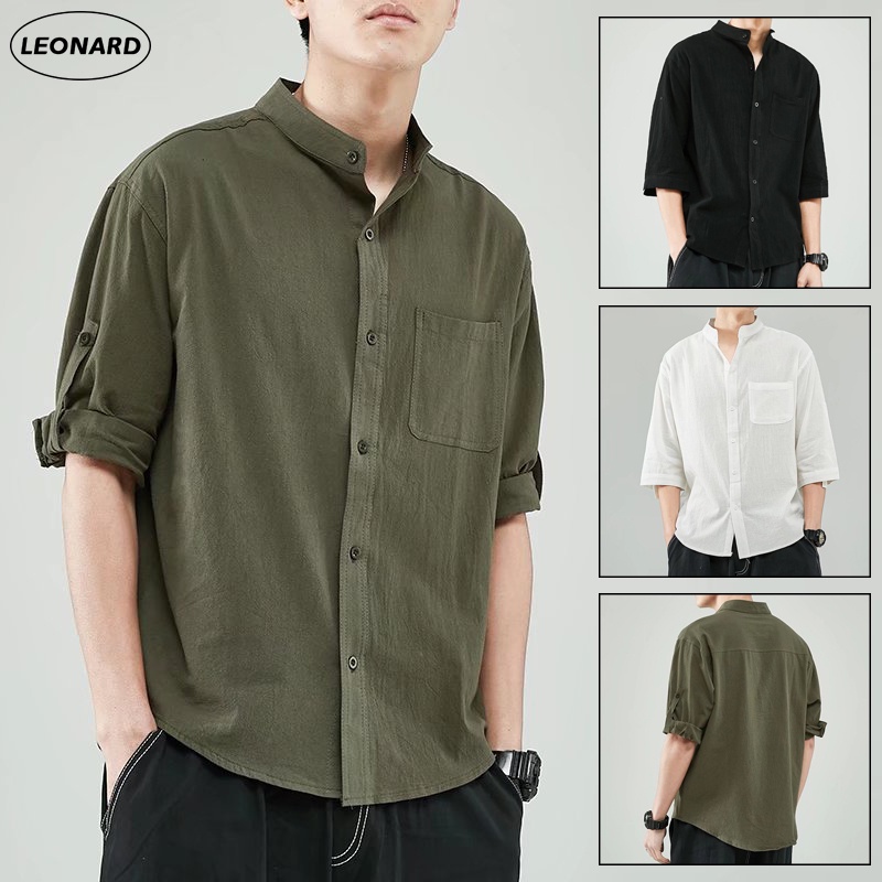 Áo Sơ Mi Cotton Lanh Mỏng Cổ Đứng Ba Bánh Xe Màu Trơn Chống Nắng Phong Cách Nhật Bản Cho Nam