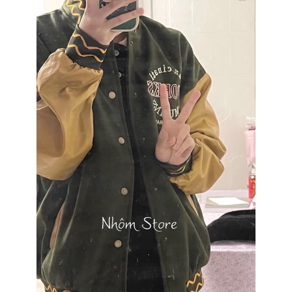 Áo khoác bóng chày tay da PU thêu chữ phong cách retro cho nam nữ