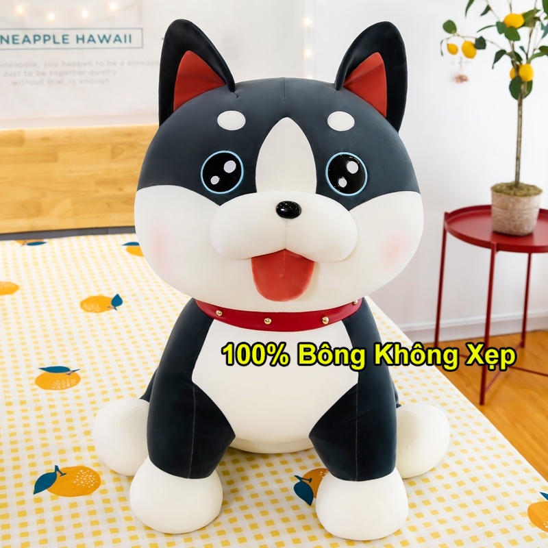 Gấu Bông Chó Sói Xám Dáng Ngồi Lè Lưỡi Đeo Vòng Cổ Đinh Bông Mịn Cao Cấp_Unishop