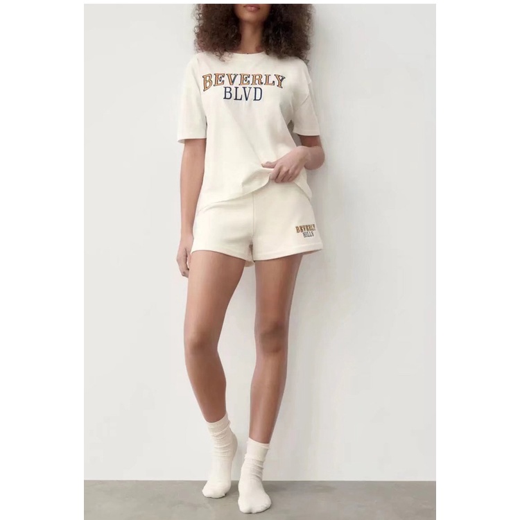 Zara Bộ Áo Thun Ngắn Tay Cổ Tròn In Chữ + Quần short Lưng Cao Cá Tính Theo Phong Cách Mù 0264340 0264341Áo blouse