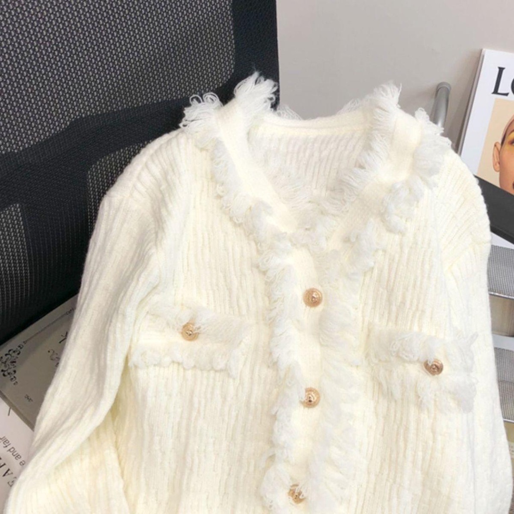 Áo Khoác Cardigan Dệt Kim Dáng Ngắn Phối Tua Rua Thời Trang Mùa Xuân 2022 Mới