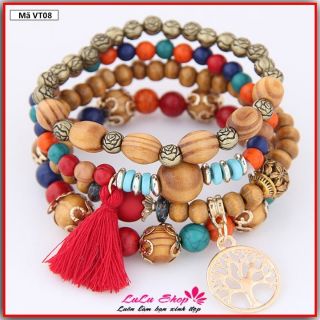 Vòng tay charm đính gỗ và cườm