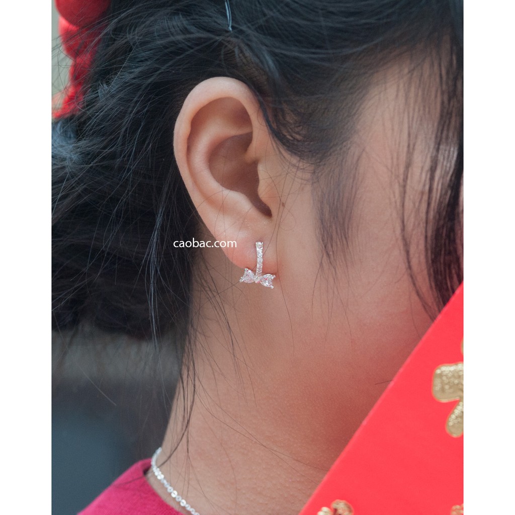 Khuyên Tai Bạc Ta CaoBac Jewellery Cho Nữ Móc Tròn Đá Thiết Kế Chốt Cài Phối Nơ Đá