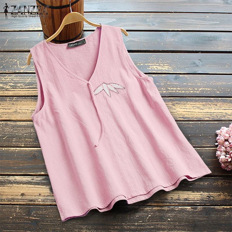 ZANZEA  Áo không tay cổ tròn thêu lá phong cách thường ngày cho nữ | BigBuy360 - bigbuy360.vn