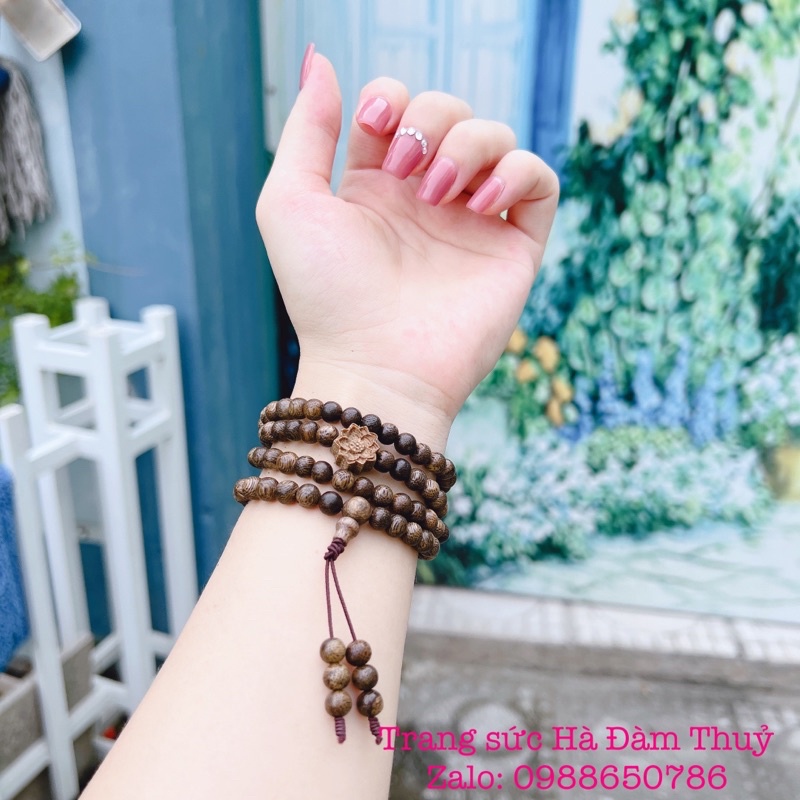 Vòng Trầm Hương 108 hạt mix Hoa Sen Tặng Hộp gấm + Thẻ Bình An