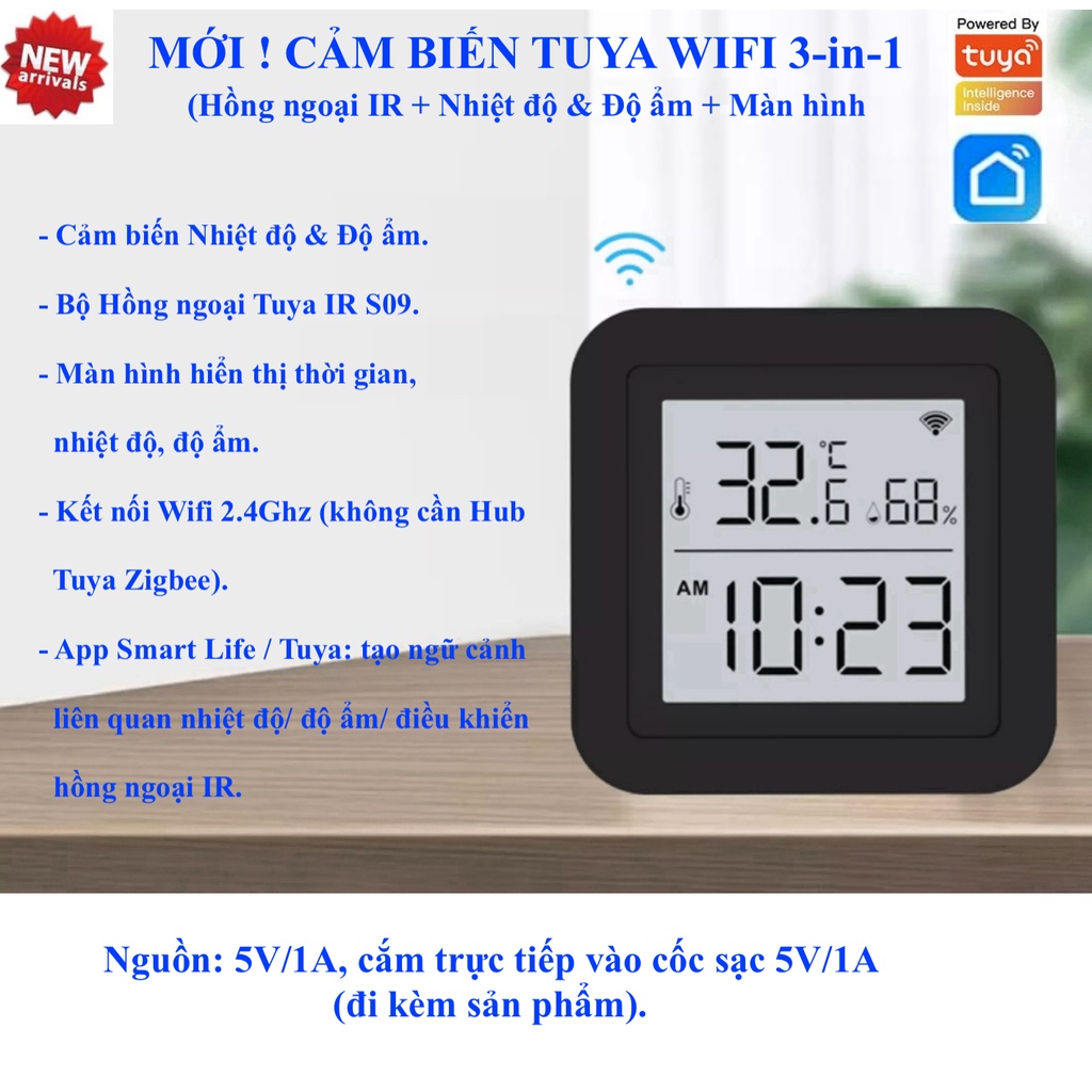 Cảm biến Nhiệt độ &amp; Độ ẩm, có màn hình hiển thị, kết nối Wifi, Hệ Tuya, App Smart Life/ Tuya