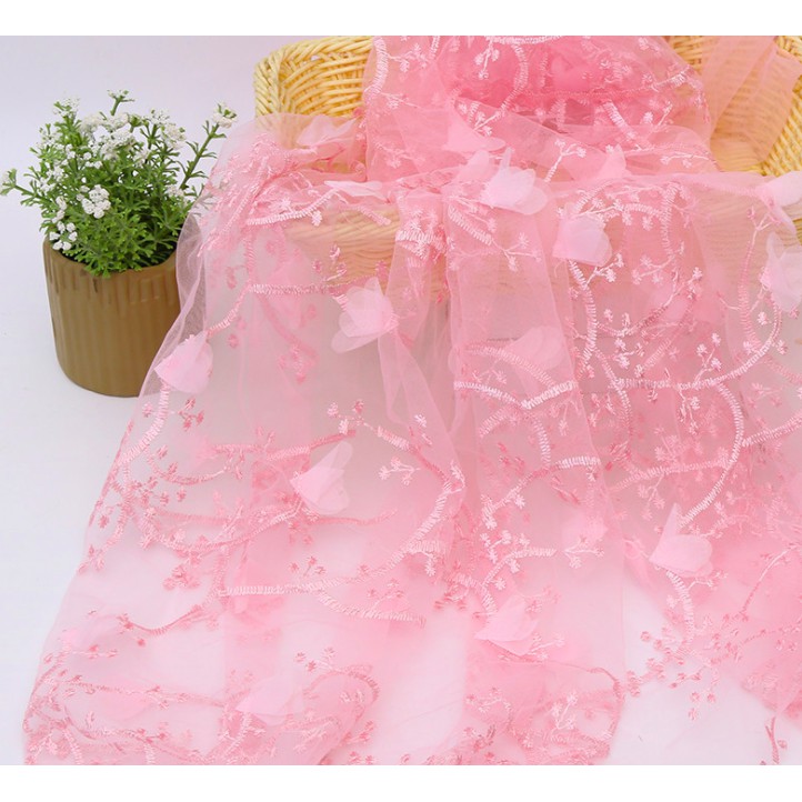 Vải Voan Ren Đính Hoa 3D Miếng nhỏ 50cmx70cm may đồ búp bê