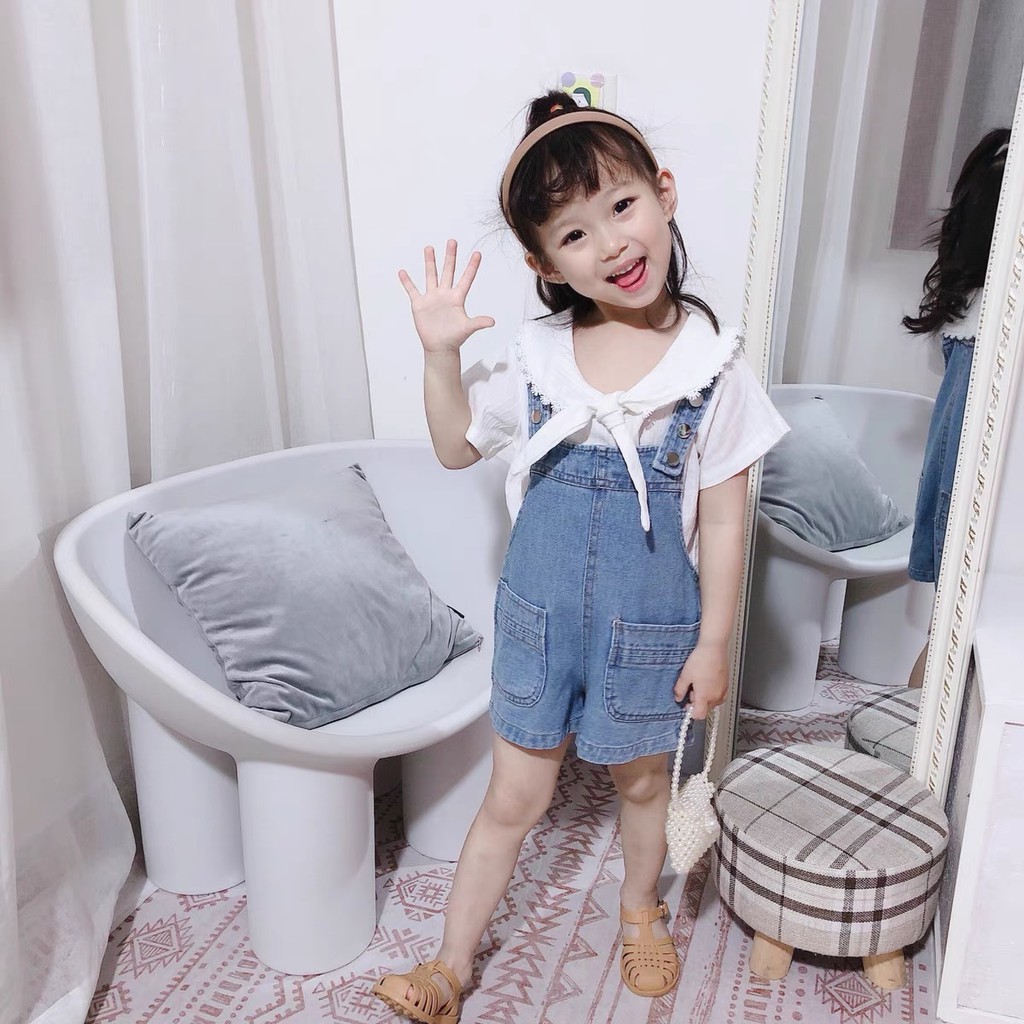 Set yếm jean đùi + sơ mi ngắn tay cổ sen thắt nơ cho bé gái từ 9-17kg [GS6]