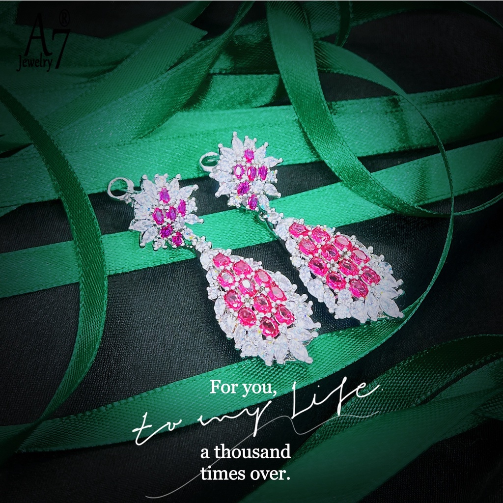 A7| Bông Tai Mạ Bạc 925 Bạch Kim Đính Kim Cương Giả Màu Đỏ Thời Trang Cho Nữ X4Y62