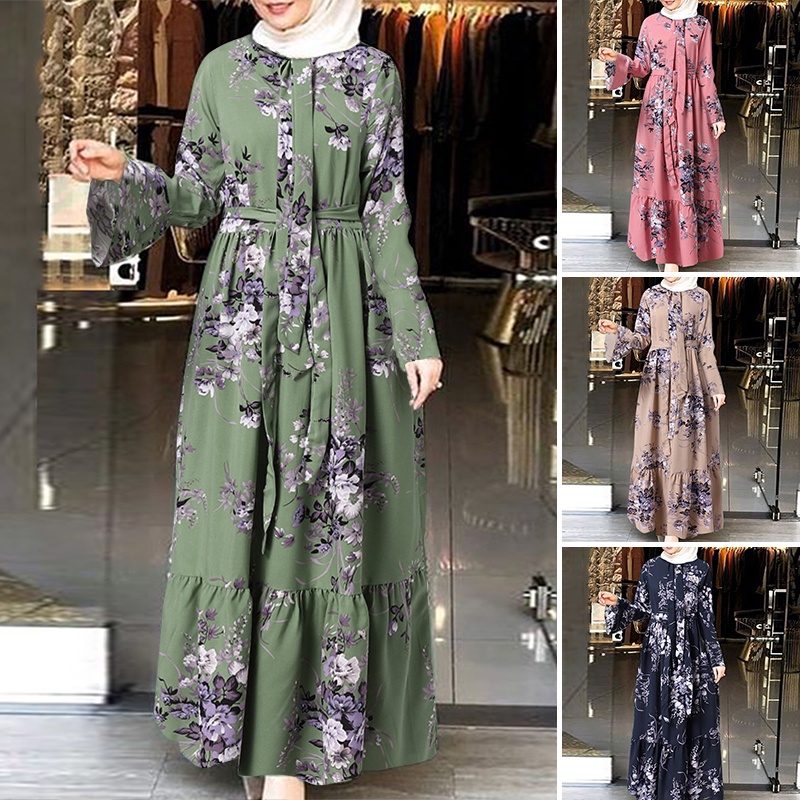 Zanzea Đầm Maxi Tay Dài Cổ Tròn In Họa Tiết Hoa Thanh Lịch Thời Trang Cho Nữ