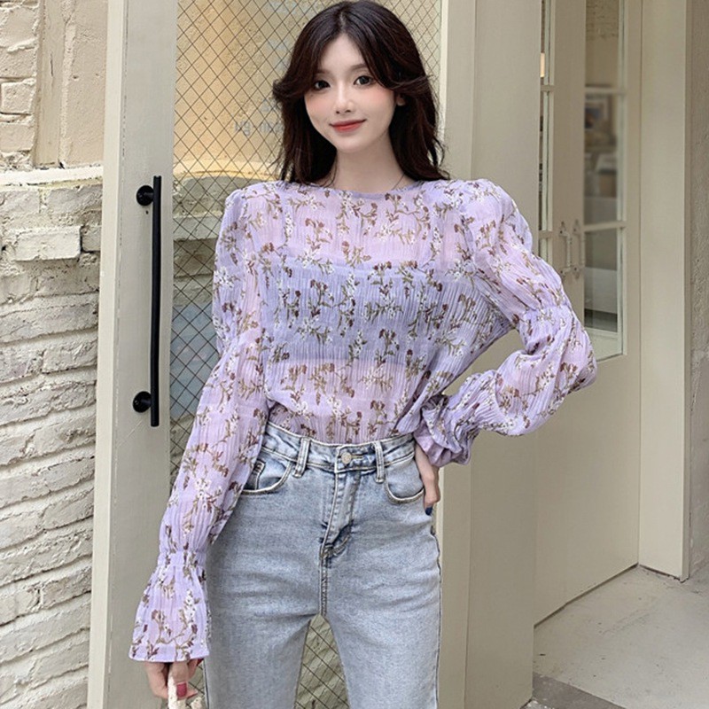 Áo Kiểu Tay Dài Cổ Tròn Chất Chiffon Hoạ Tiết Hoa Nữ Tính