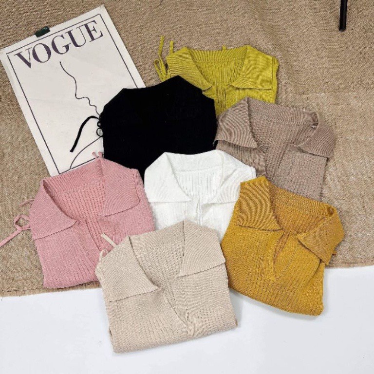Áo Len Gân Cổ Bẻ tay Ngắn Dây Rút 2 Bên Sườn | Smide Clothing