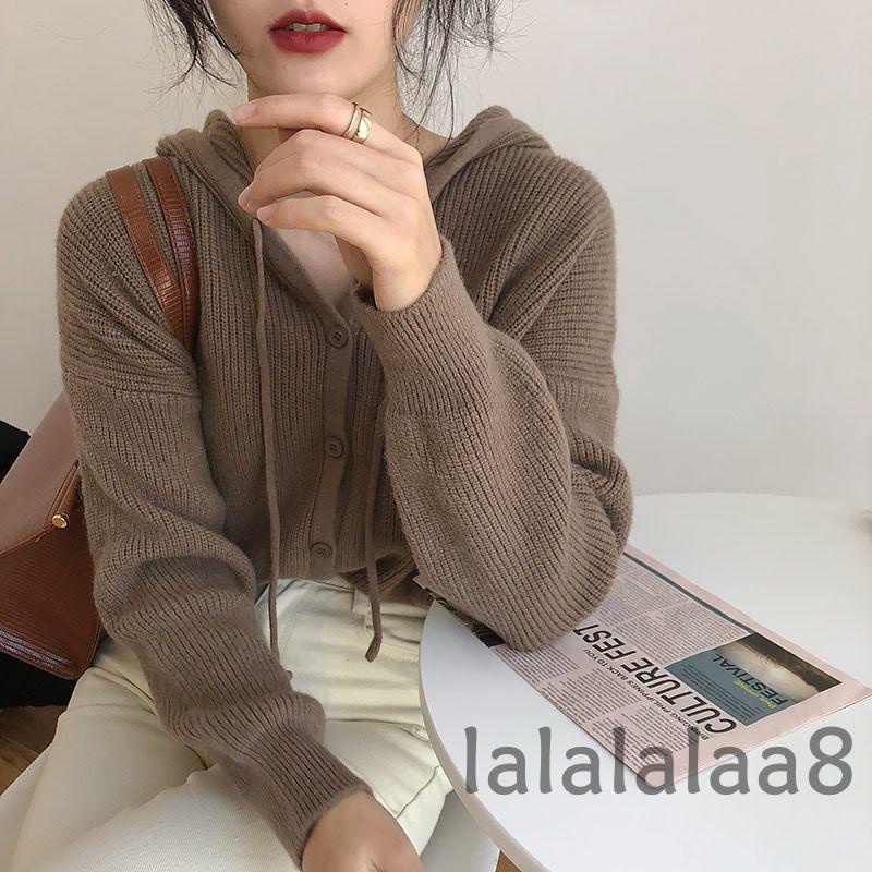 Áo khoác cardigan dệt kim có mũ trùm đầu dây rút tay dài màu trơn thời trang dành cho nữ