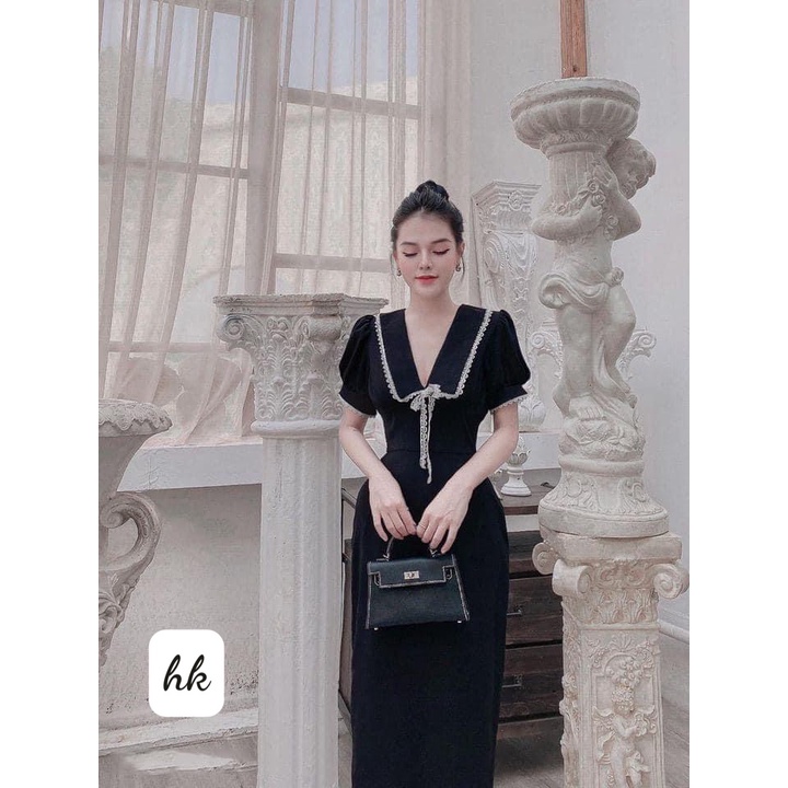 Váy đầm đen nữ dài cổ phối nơ- December Fashion