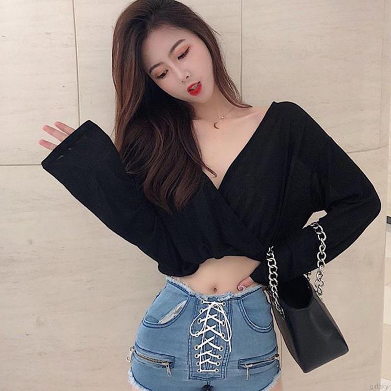 Áo Croptop Tay Dài Cổ Chữ V Thiết Kế Đắp Chéo Phối Dây Thời Trang Phong Cách Hàn Quốc