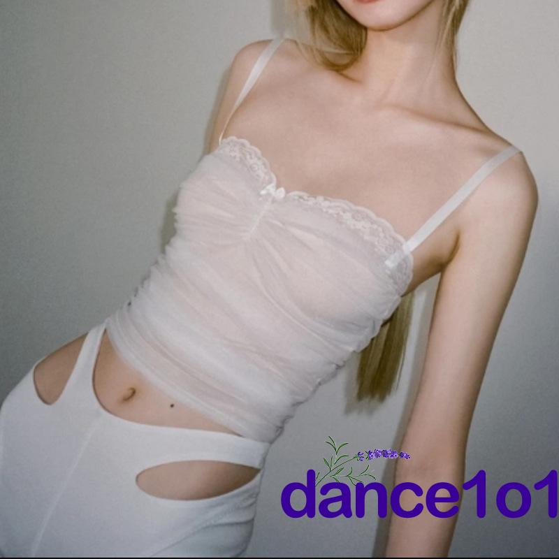 Áo hai dây xếp ly vải tuyn phối ren thắt nơ màu trơn phong cách quyến rũ cho nữ