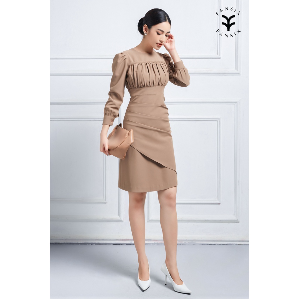 Váy cổ tròn nhún ngực FANSIX - DL16 váy nhún eo tay bồng, vải mango dày dặn. | BigBuy360 - bigbuy360.vn