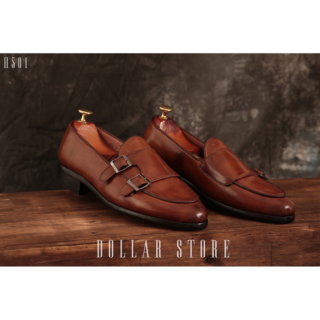 Giày da nam kiểu dáng giày lười LOAFER MONKSTRAP H501 da bò nguyên tấm cao cấp