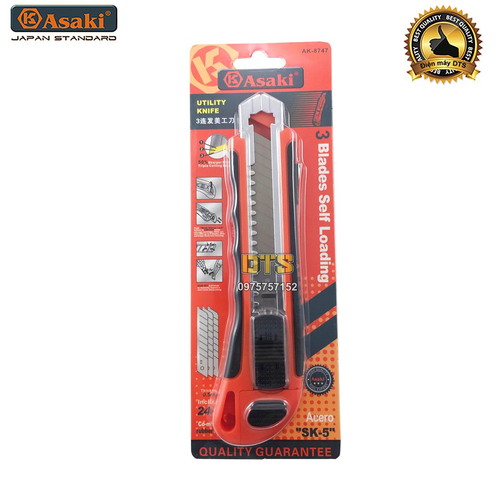 Dao trổ, dao rọc giấy cao cấp thép SK-5 Asaki AK-8747, thân bọc nhựa chống trượt (Kèm 3 lưỡi dao thay thế)