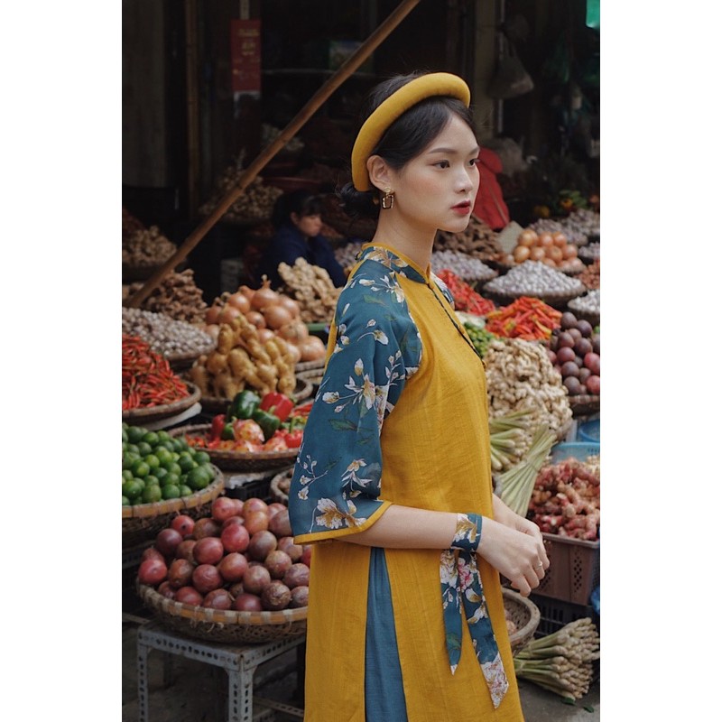 Áo Dài Thanh Liễu I - Lengdeng.Collect | Áo dài dáng suông cách tân vải đũi vàng phối voan hoa Tủ đồ của Lèng Dèng