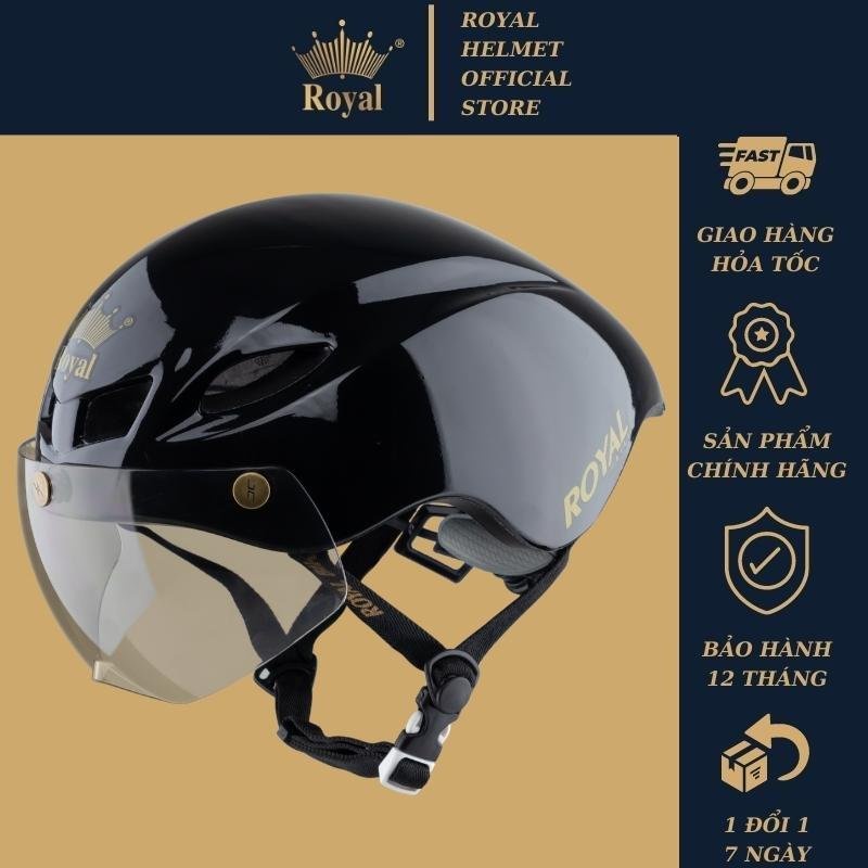 Nón bảo hiểm xe đạp Royal R16 đen bóng trơn logo có kính, giống poc 01, bảo hành 12 tháng